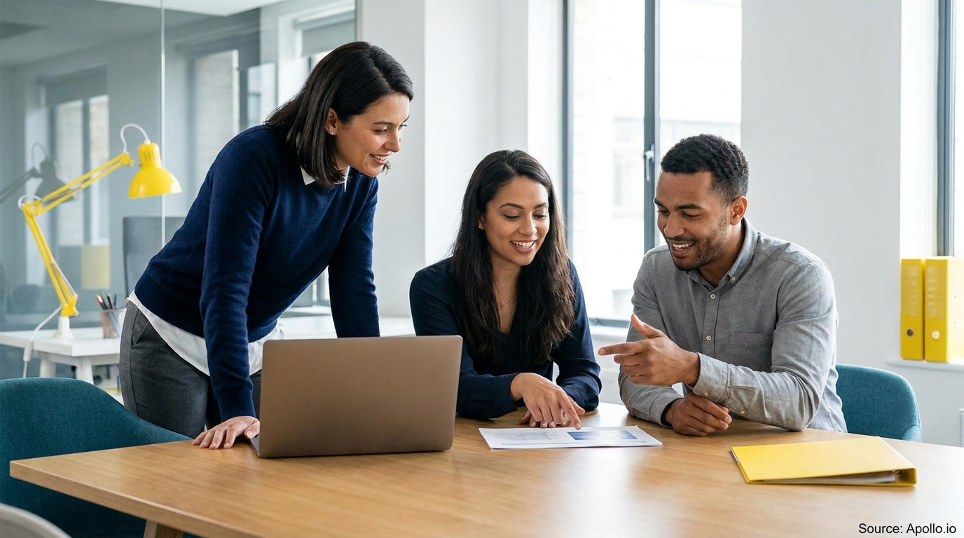 Three smiling colleagues reviewing data on a laptop and document at an office table.