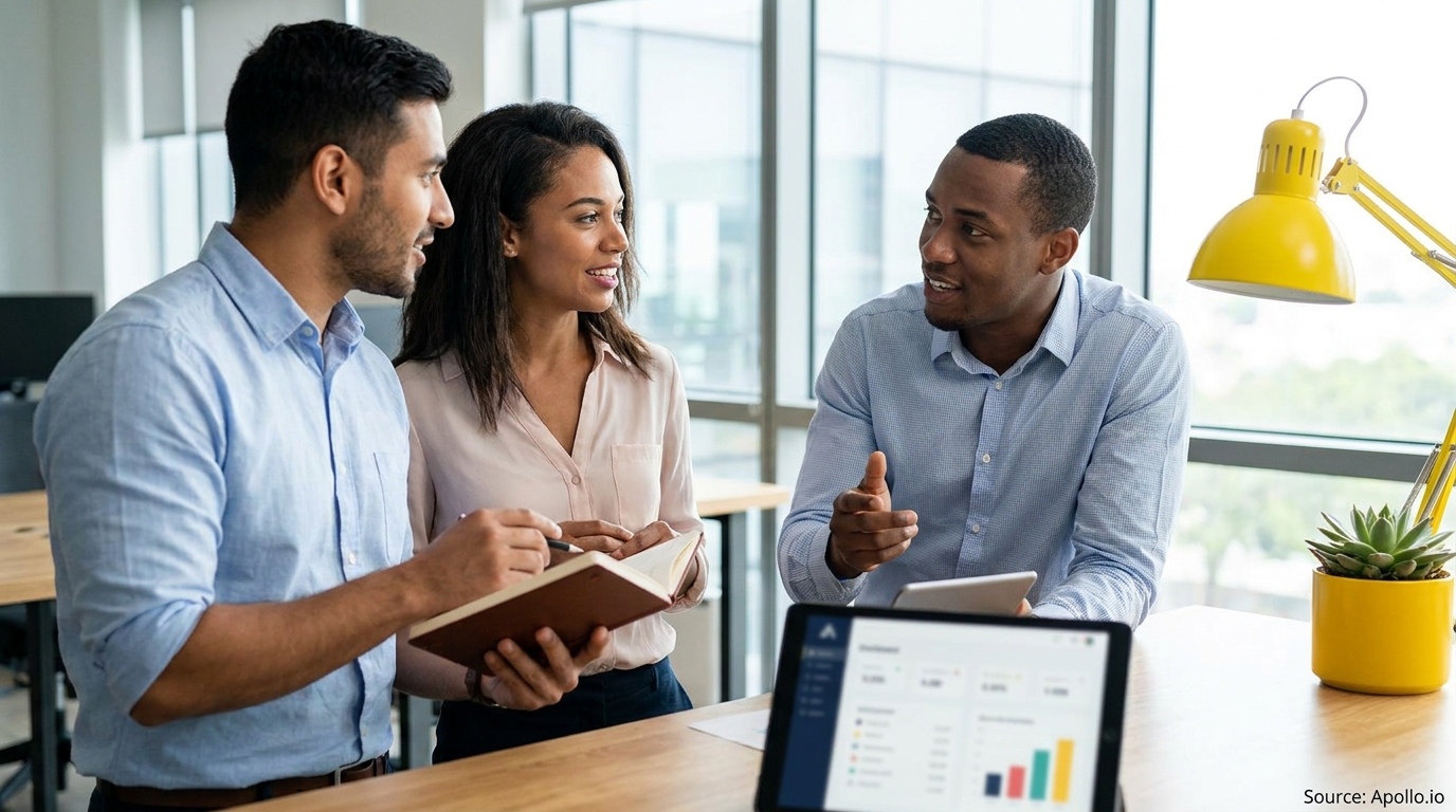 Three professionals discuss data at a modern office desk with a tablet and notebook.