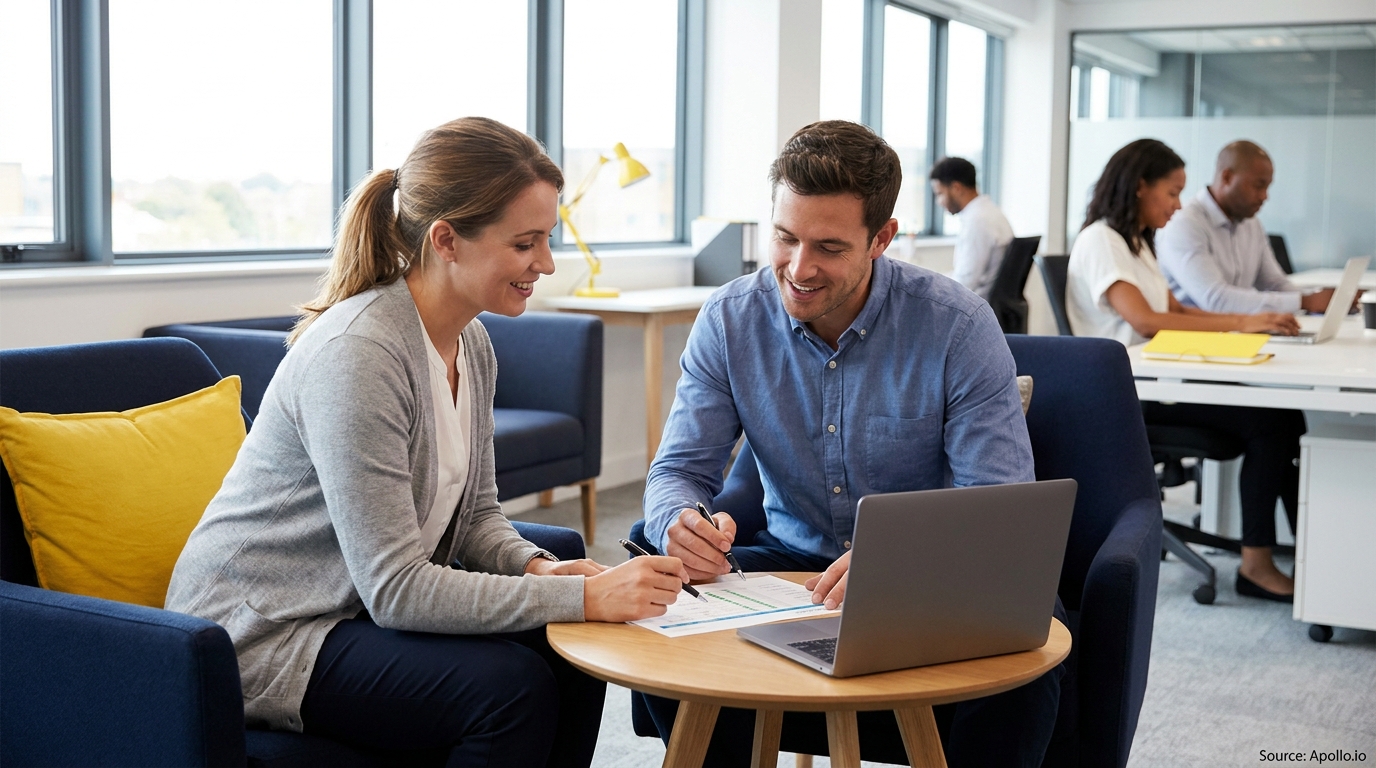Two professionals review documents and a laptop in a bright, busy office.