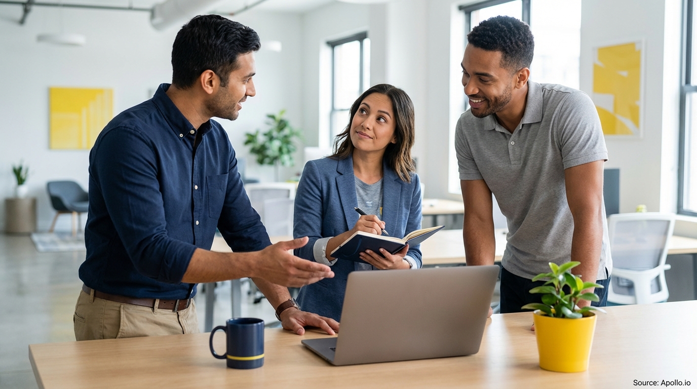 Three professionals discuss work in a modern office, with one taking notes and a laptop on the table.