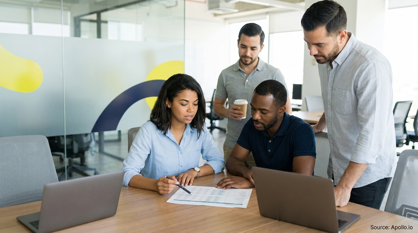 Four professionals discuss a document and laptops at a modern office table.