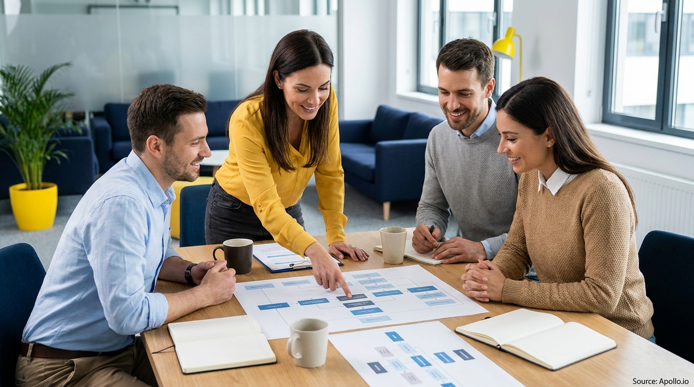 Four professionals discuss a system flowchart at an office table.