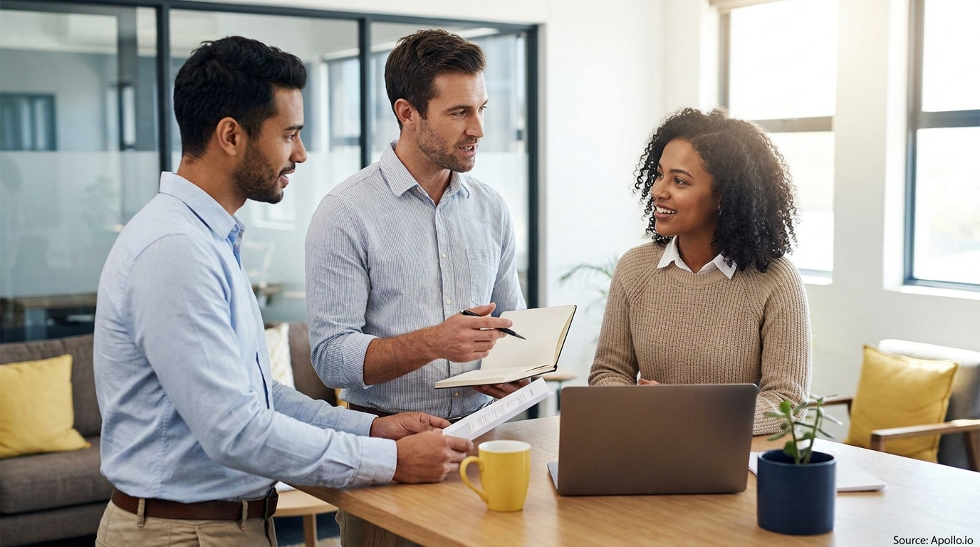 Three diverse professionals collaborate at a bright modern office table with a laptop and papers.