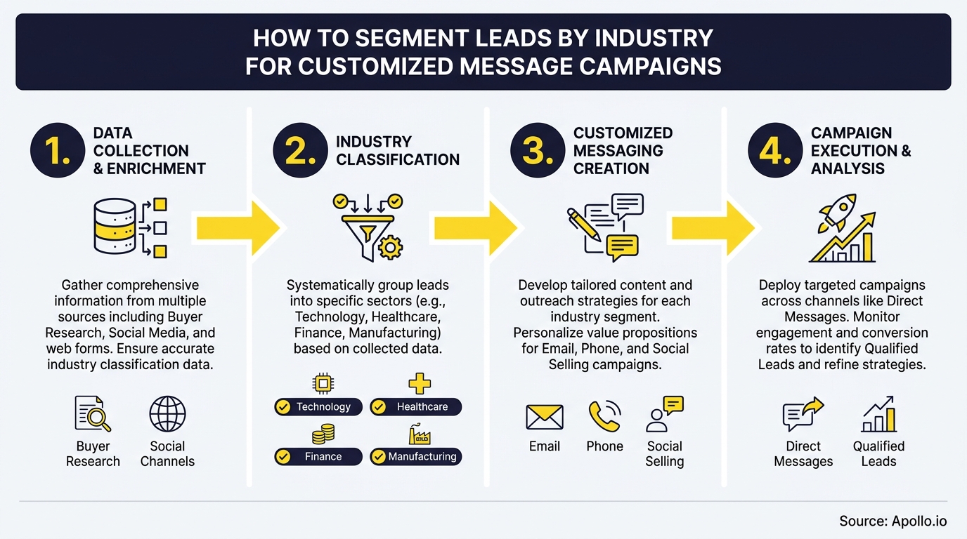 Four-step infographic illustrating lead segmentation by industry for customized messaging campaigns.