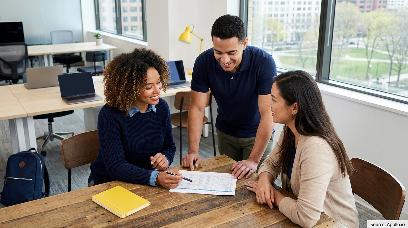 Three professionals discuss a data sheet at a modern office table.