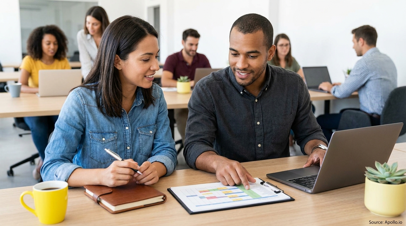Two professionals analyze data on a document and laptop in a modern office.