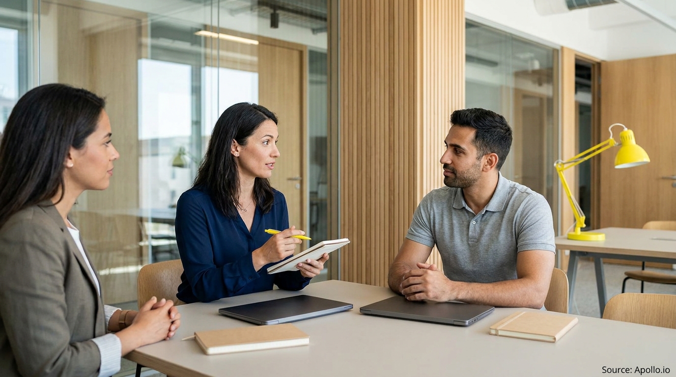 Three colleagues discuss at a modern office table with notebooks and closed laptops.