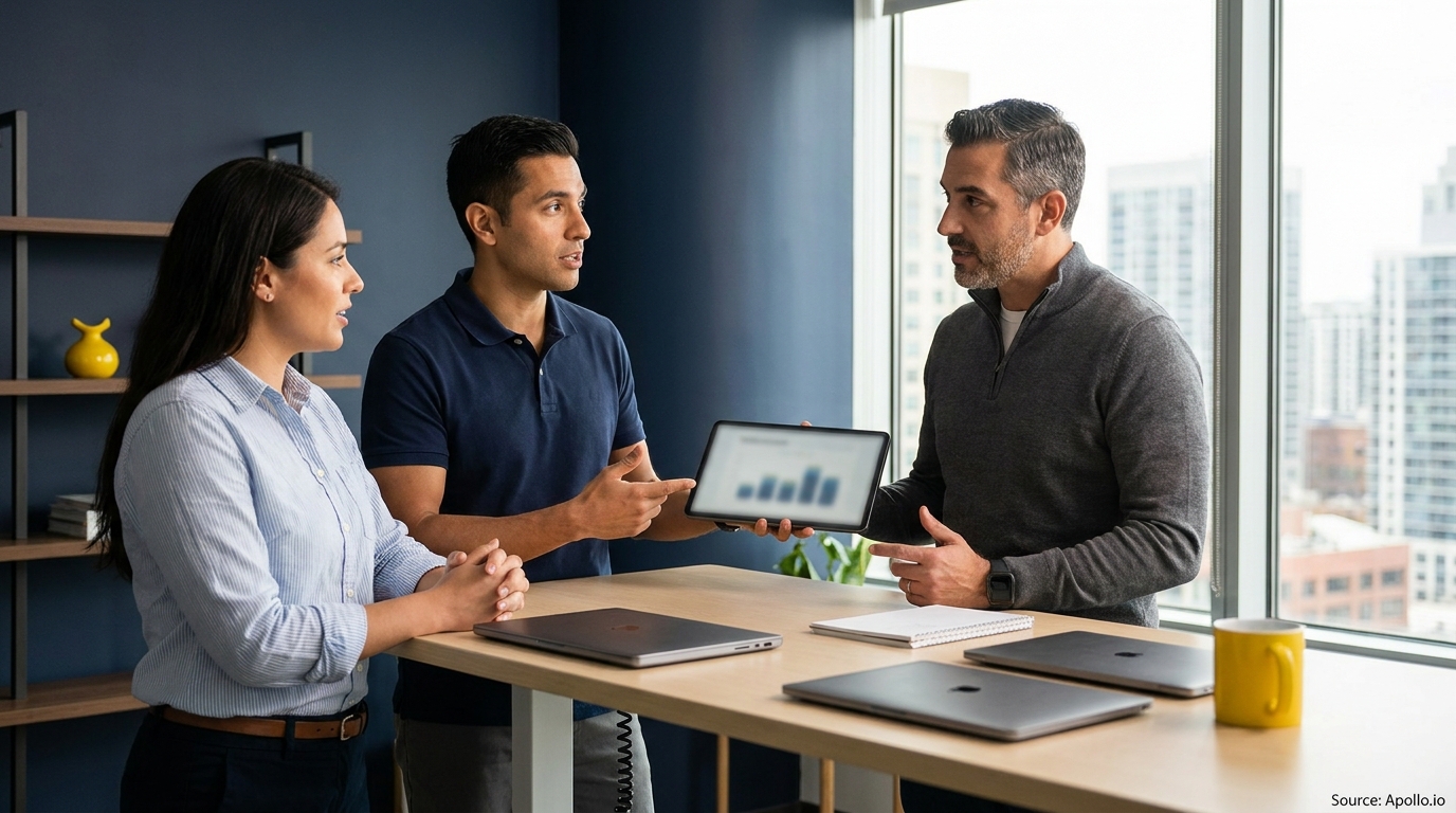 Three professionals discuss data presented on a tablet in a bright, modern office.