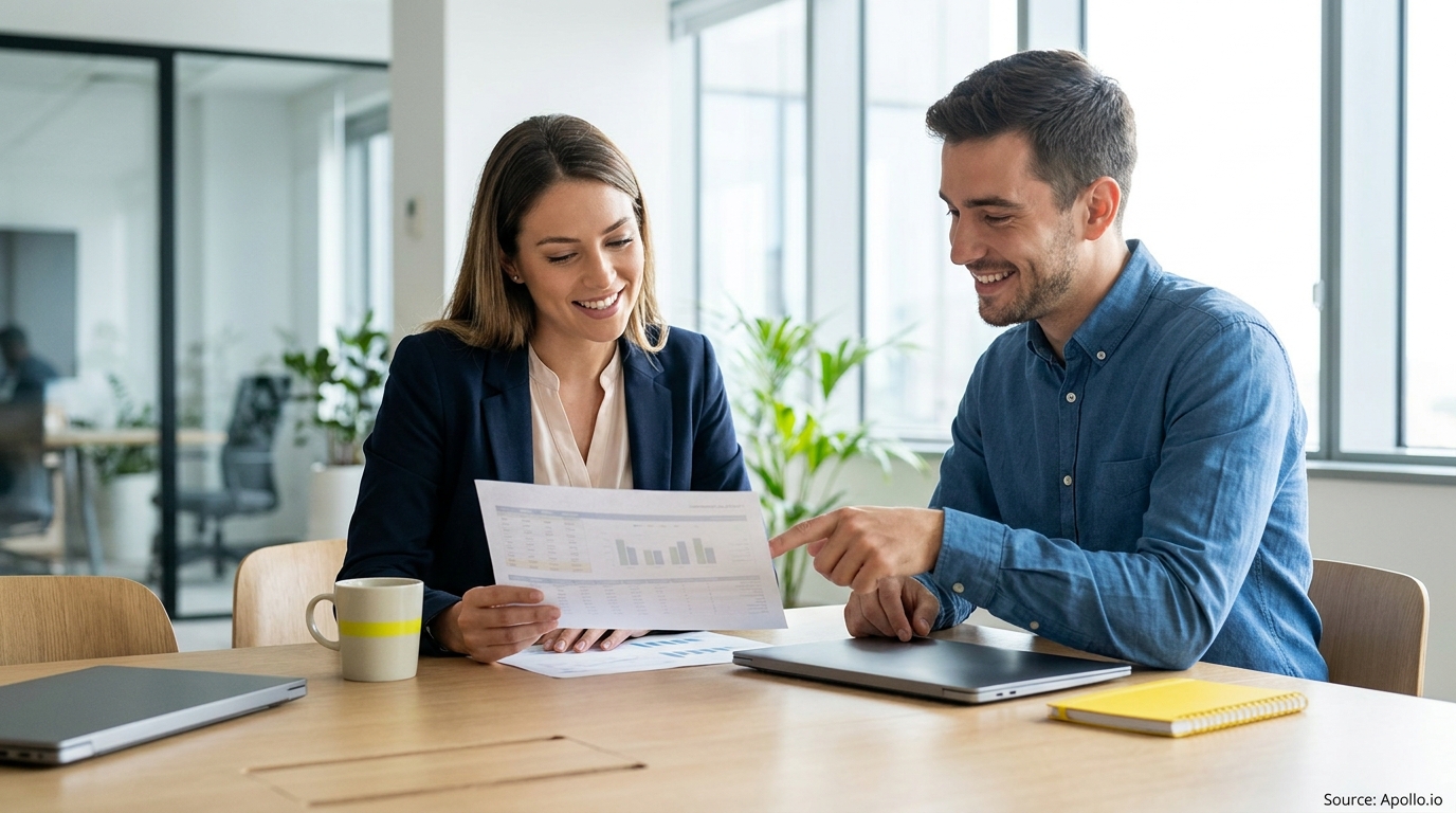 Two smiling colleagues review charts on a document, one pointing, at an office table.