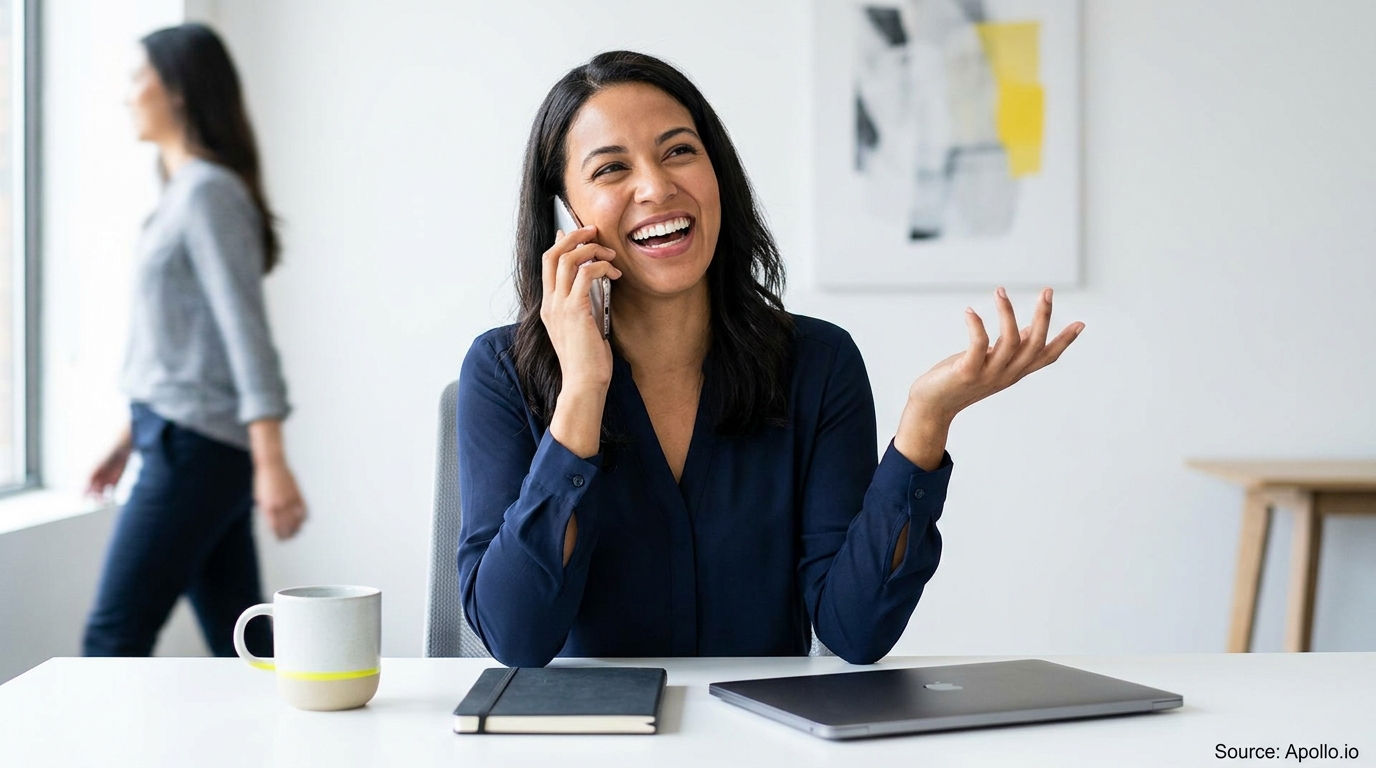 Cheerful woman talks on a smartphone at a desk with a laptop, another person walks by.