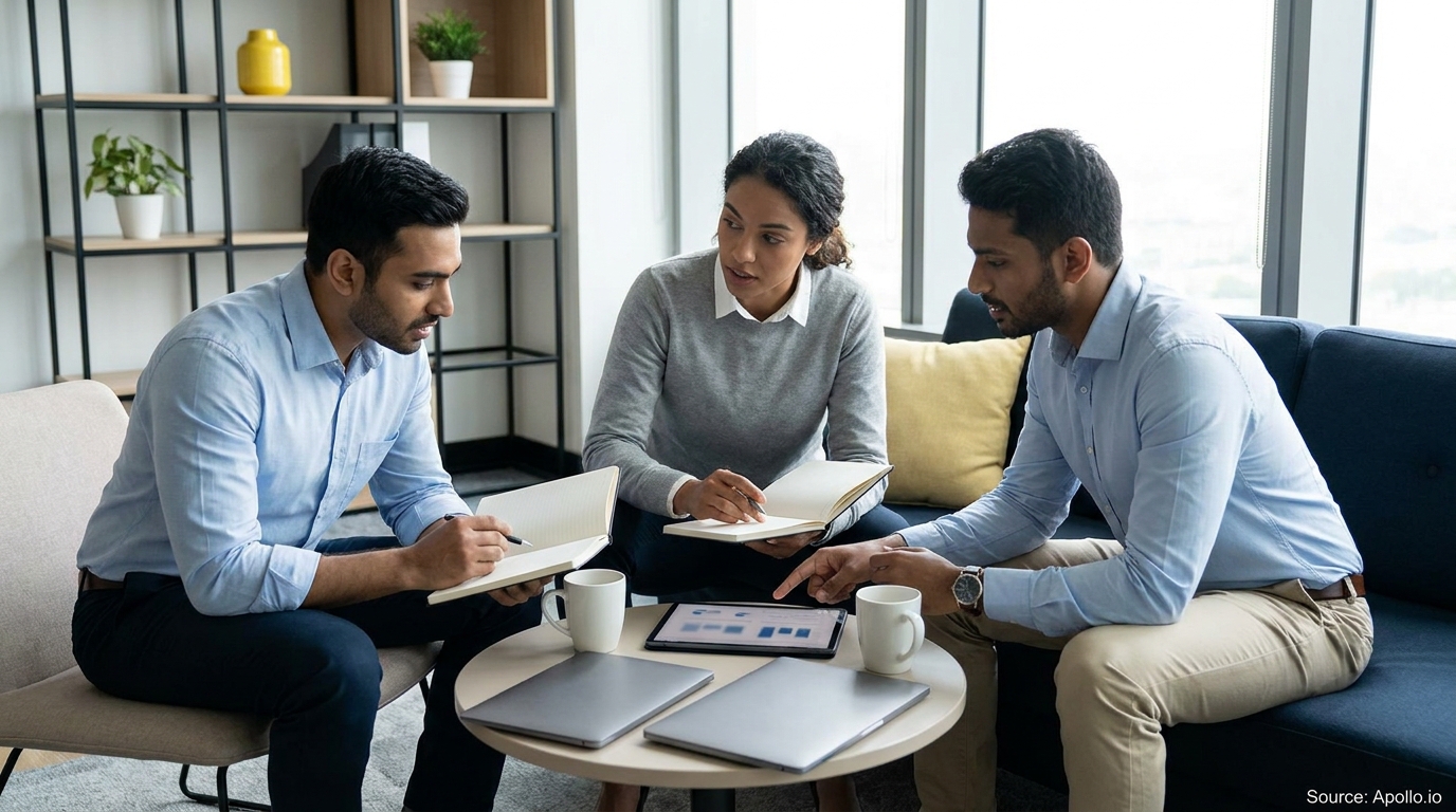 Three colleagues discuss data on a tablet and notebooks in a modern office setting.