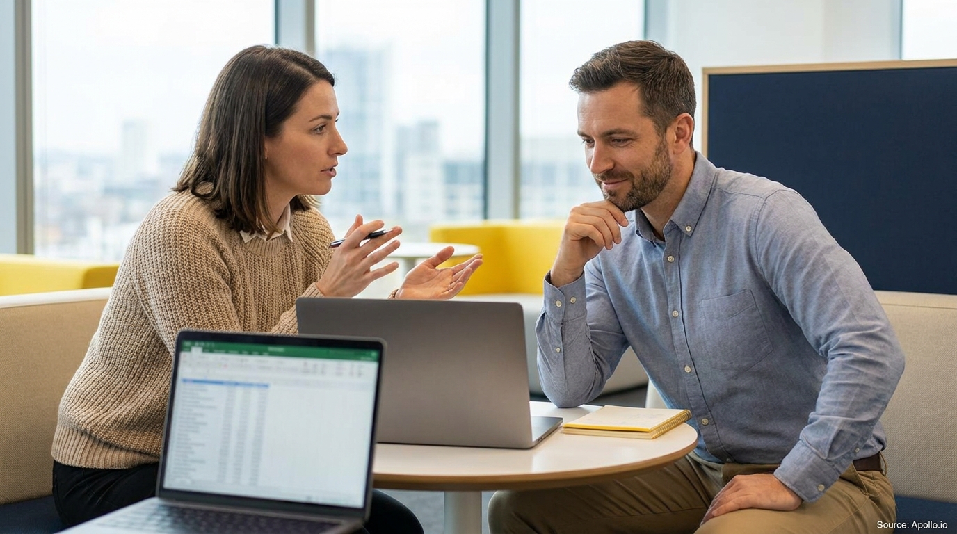 Two professionals discuss ideas at a modern office table with open laptops.