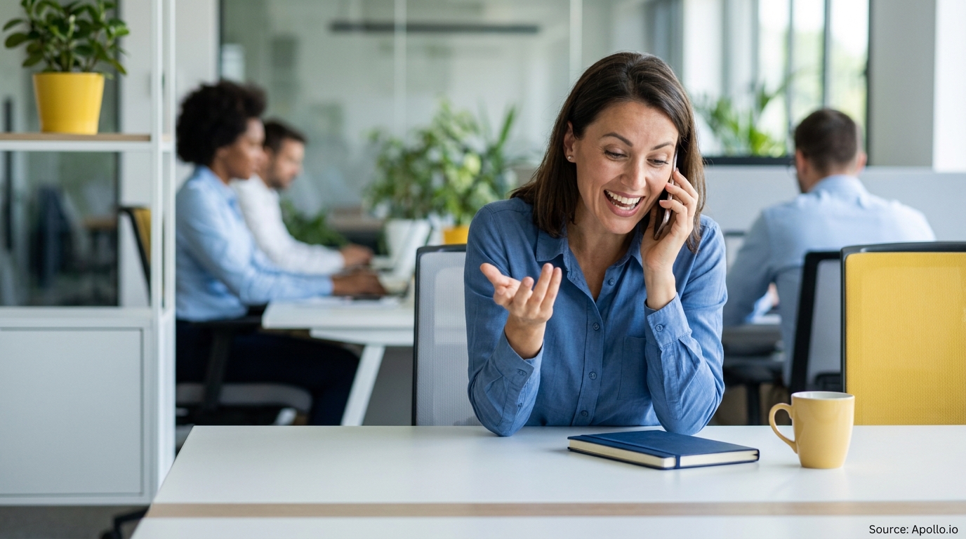 Smiling woman talks on phone in a modern office with three colleagues working in the background.
