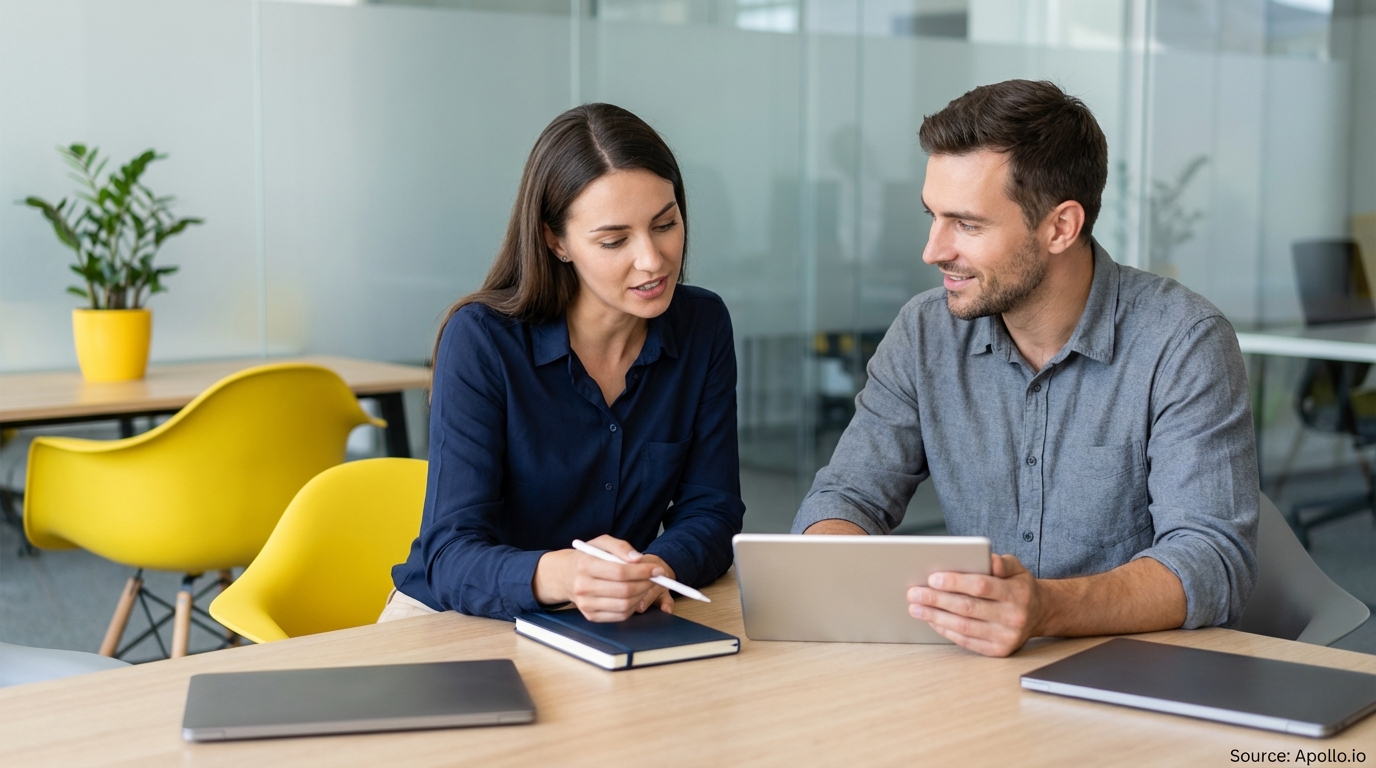 Two colleagues collaborating at a modern office table with a tablet and pen.