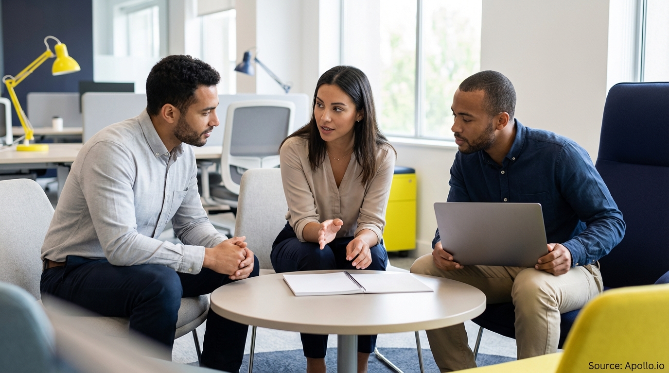 Three professionals discuss work at a modern office table.