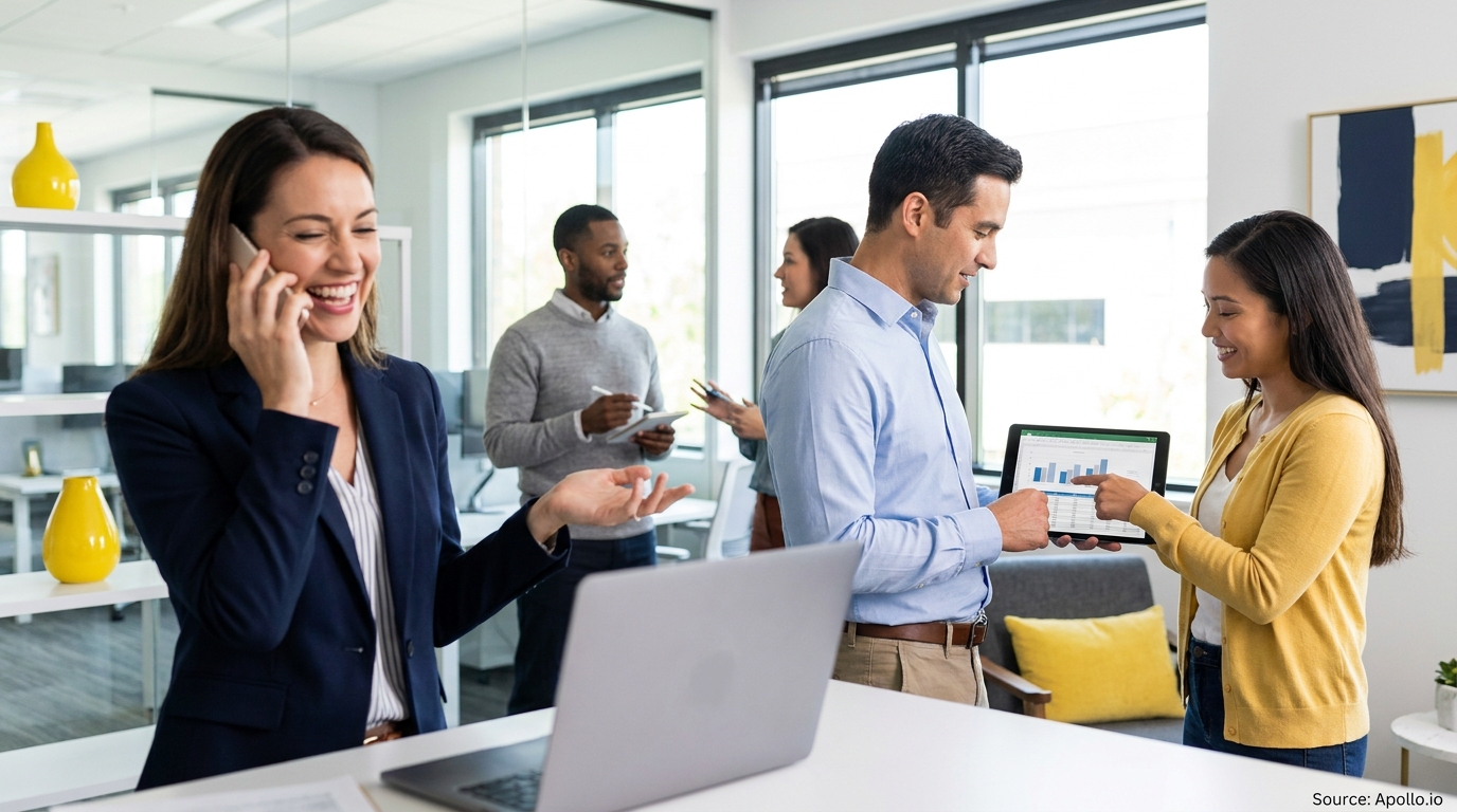 Five diverse professionals discuss business in a modern office, two analyzing data on a tablet.