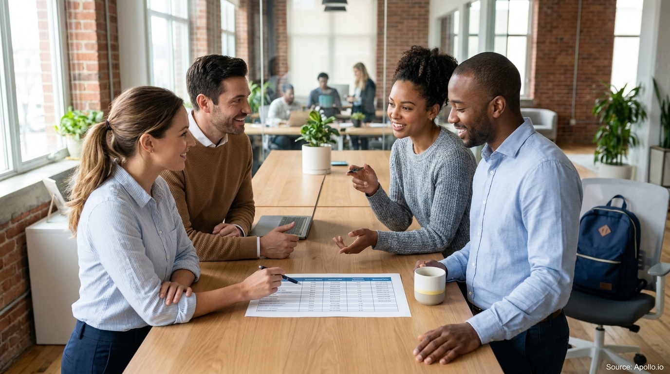 Four professionals discuss a data document at a modern office table.