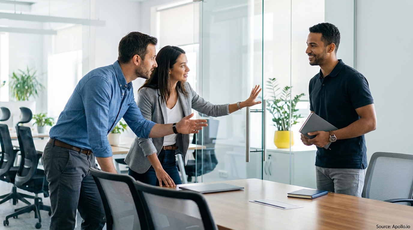 Two professionals gesture and talk to a smiling colleague in a modern office.