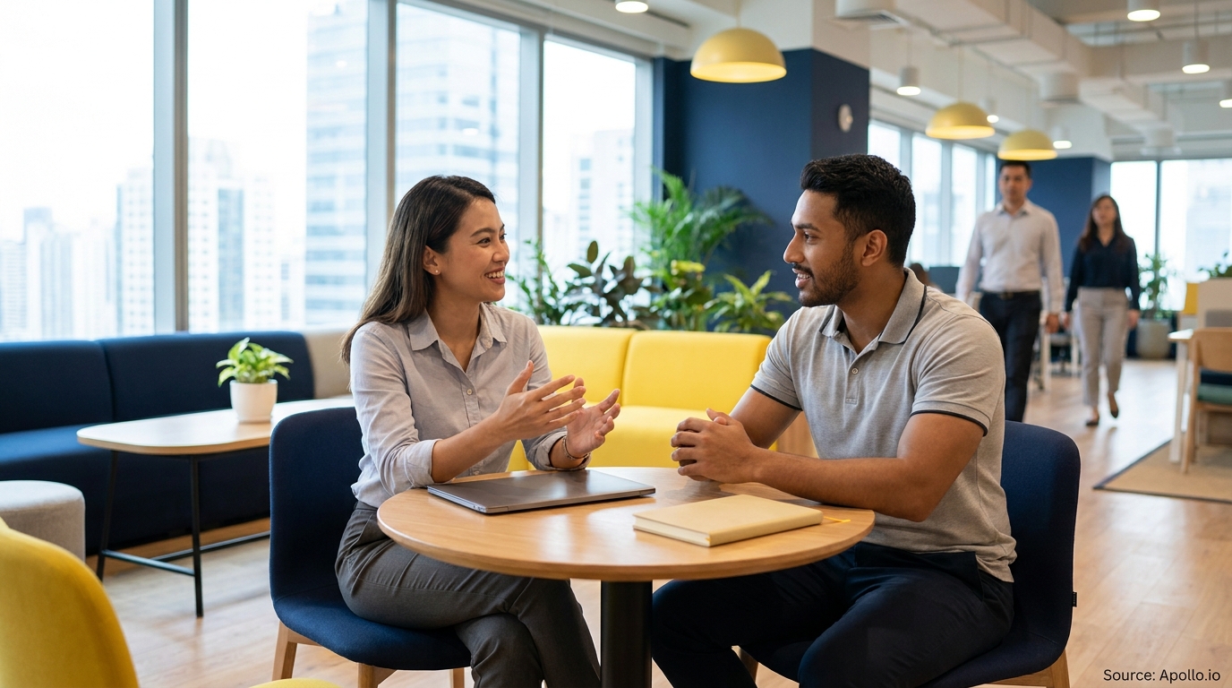 Four people in a modern office: two conversing at a table, two walking in the background.
