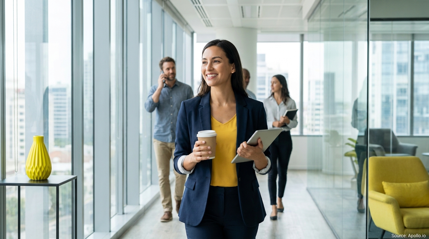 Smiling professionals walk through a bright, modern office hallway with large windows.