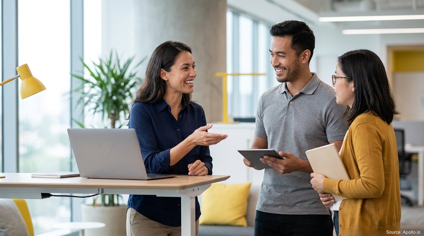 Three smiling professionals chat at a standing desk with a laptop and tablet in a bright office.