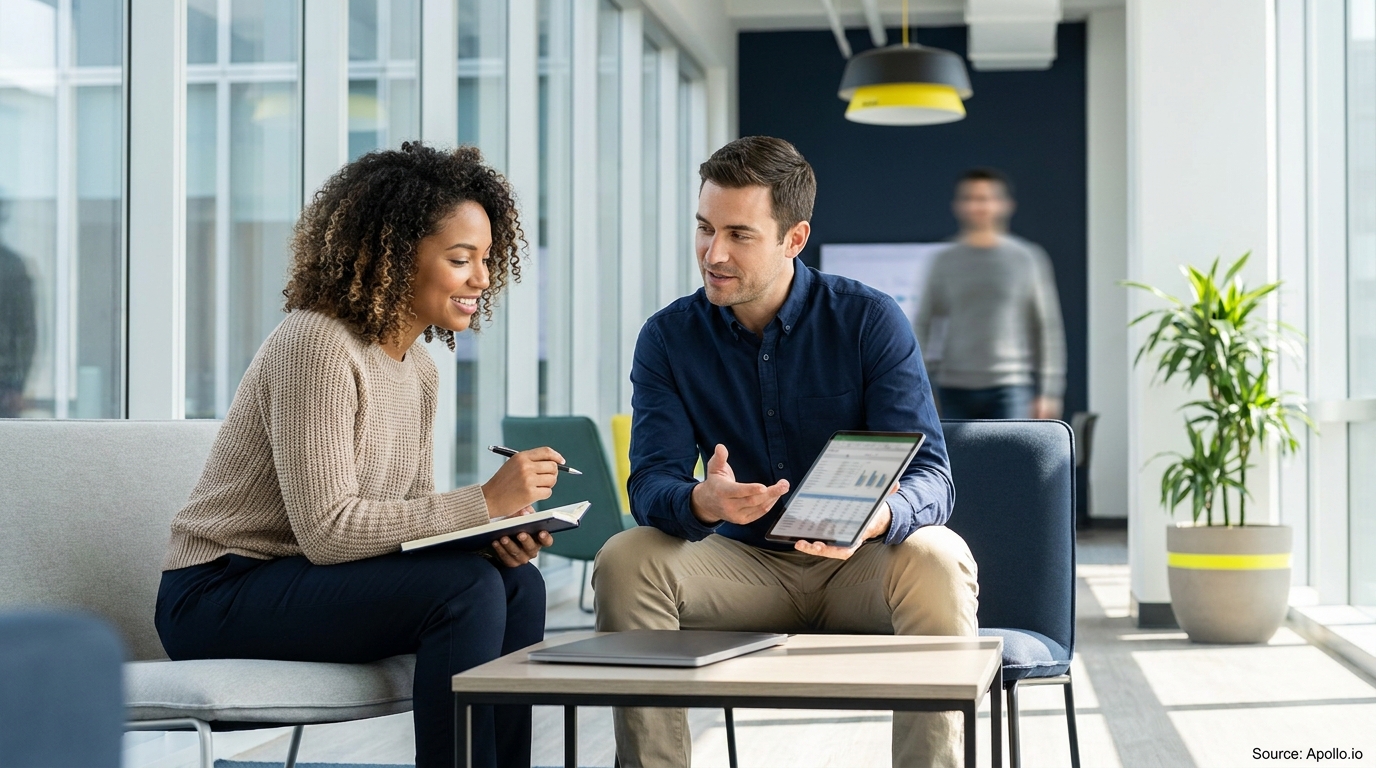 Two professionals collaborate, reviewing data on a tablet and taking notes in a bright office.
