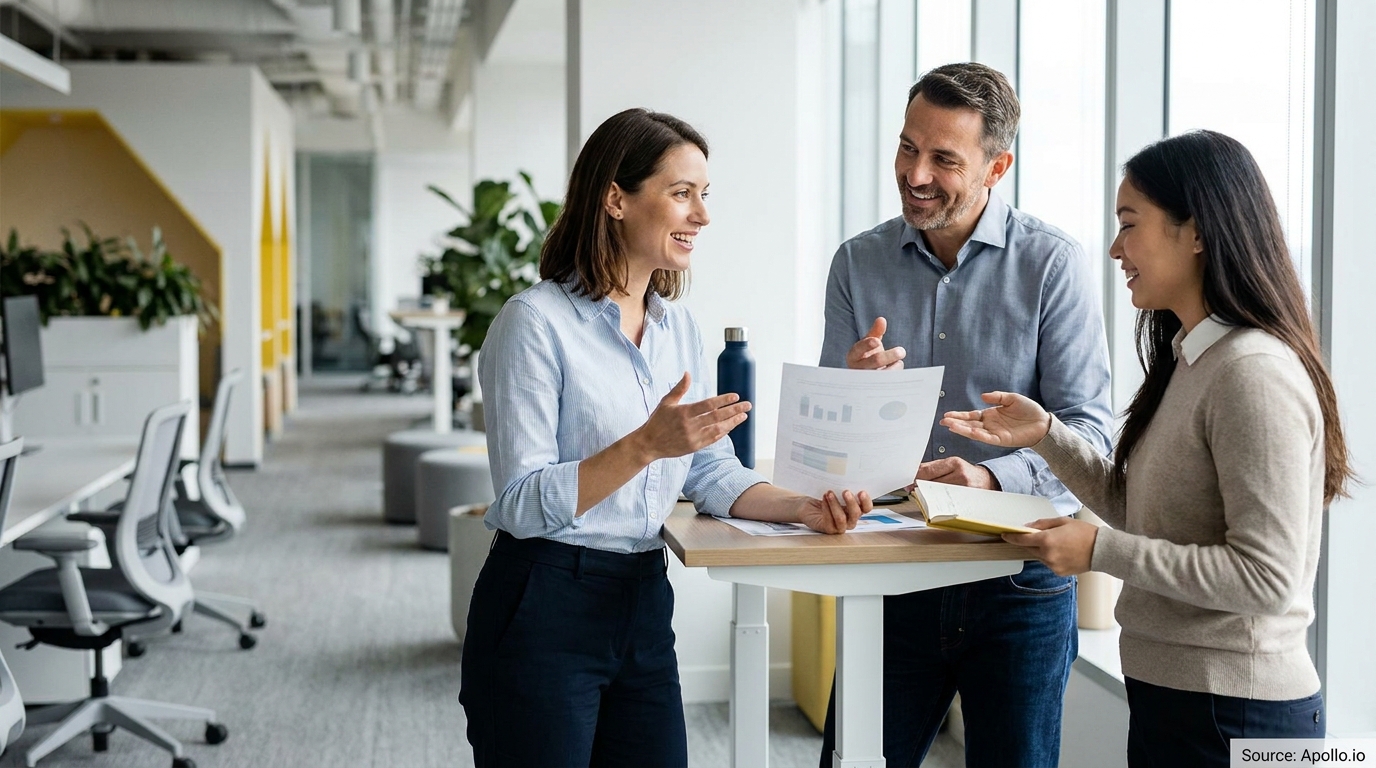 Three smiling colleagues discuss documents at a modern standing desk in an office.