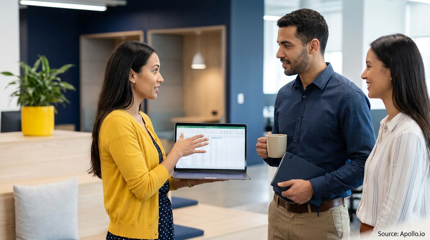 Three colleagues review a spreadsheet on a laptop in a modern office space.