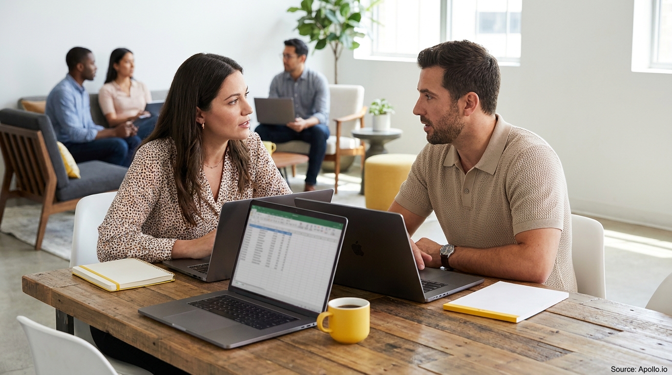 Six people work and discuss on laptops in a bright, modern office.