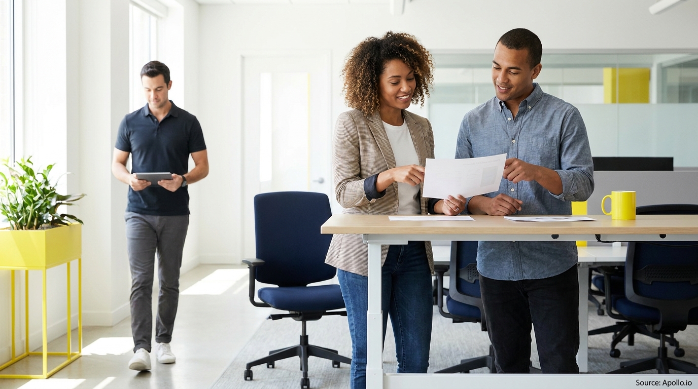 Two professionals discuss papers at a standing desk while a third walks with a tablet in a bright office.
