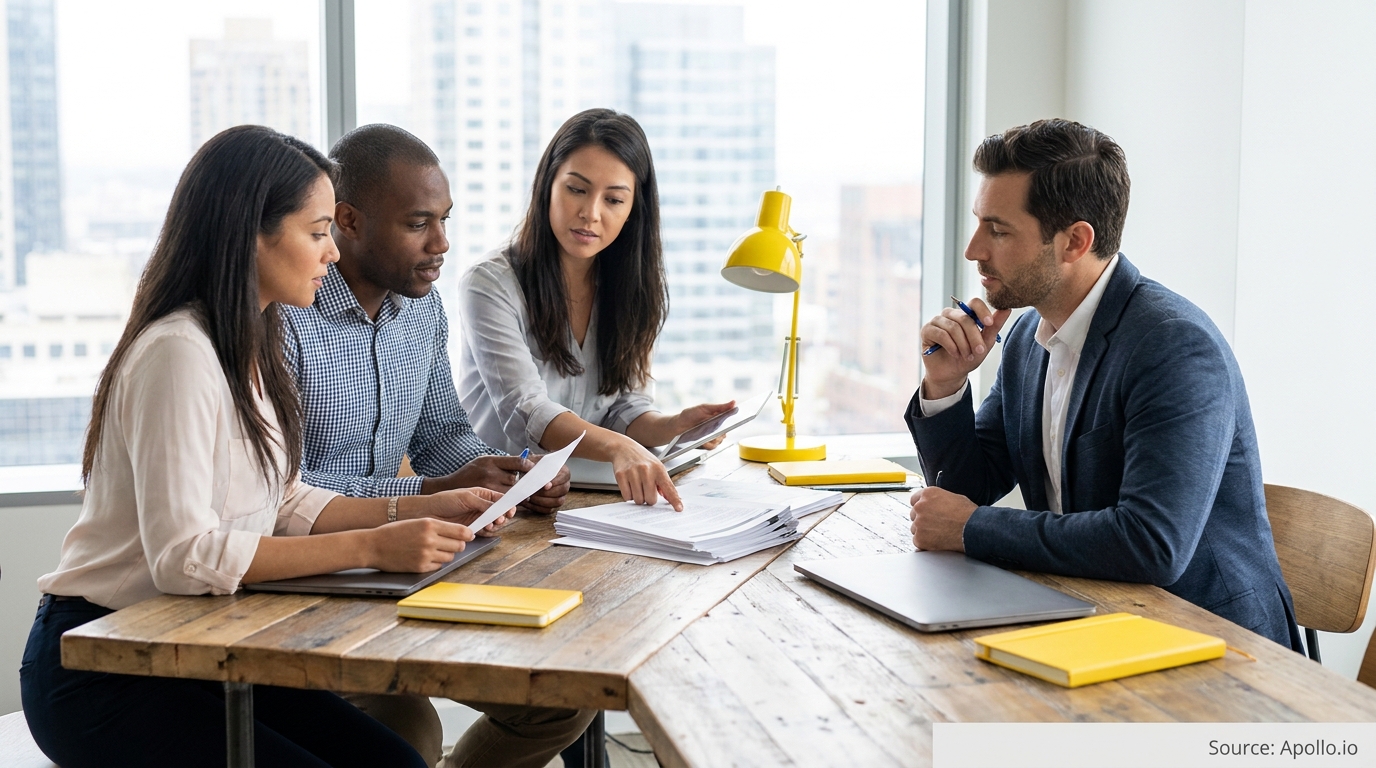 Four colleagues collaborate over documents at a large wooden table in a bright office.