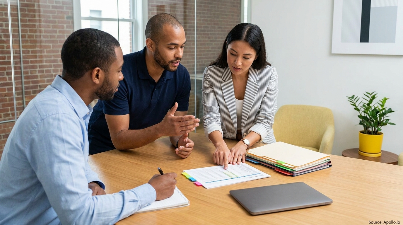 Three colleagues review documents and take notes during an office meeting.