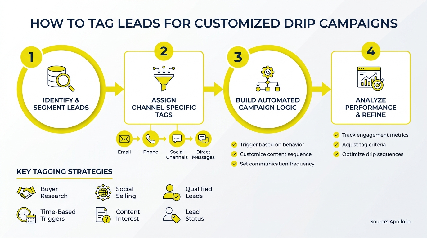 A flowchart illustrates four steps for tagging leads, building automated campaigns, and refining performance, with key strategies.