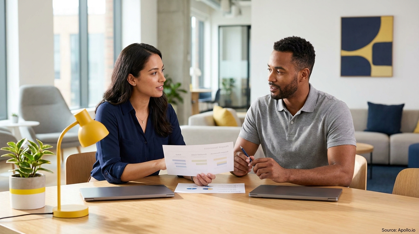 Two professionals discuss documents at a modern office table with laptops and a plant.