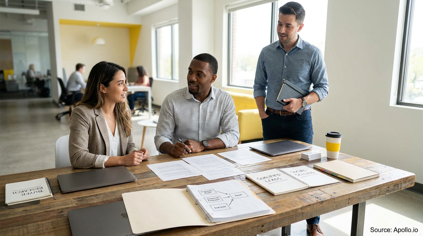 Three professionals discuss documents and laptops at a rustic wooden table in a bright office.