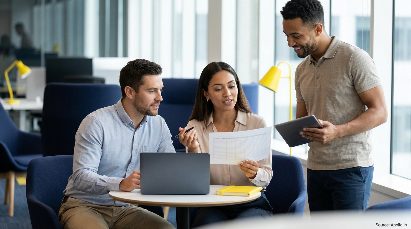 Three professionals collaborate, reviewing documents and a tablet in a contemporary office setting.