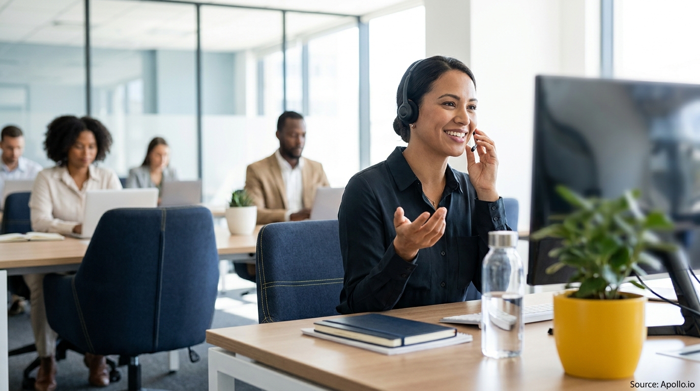 A smiling woman in a headset talks on the phone while others work on laptops in a modern office.