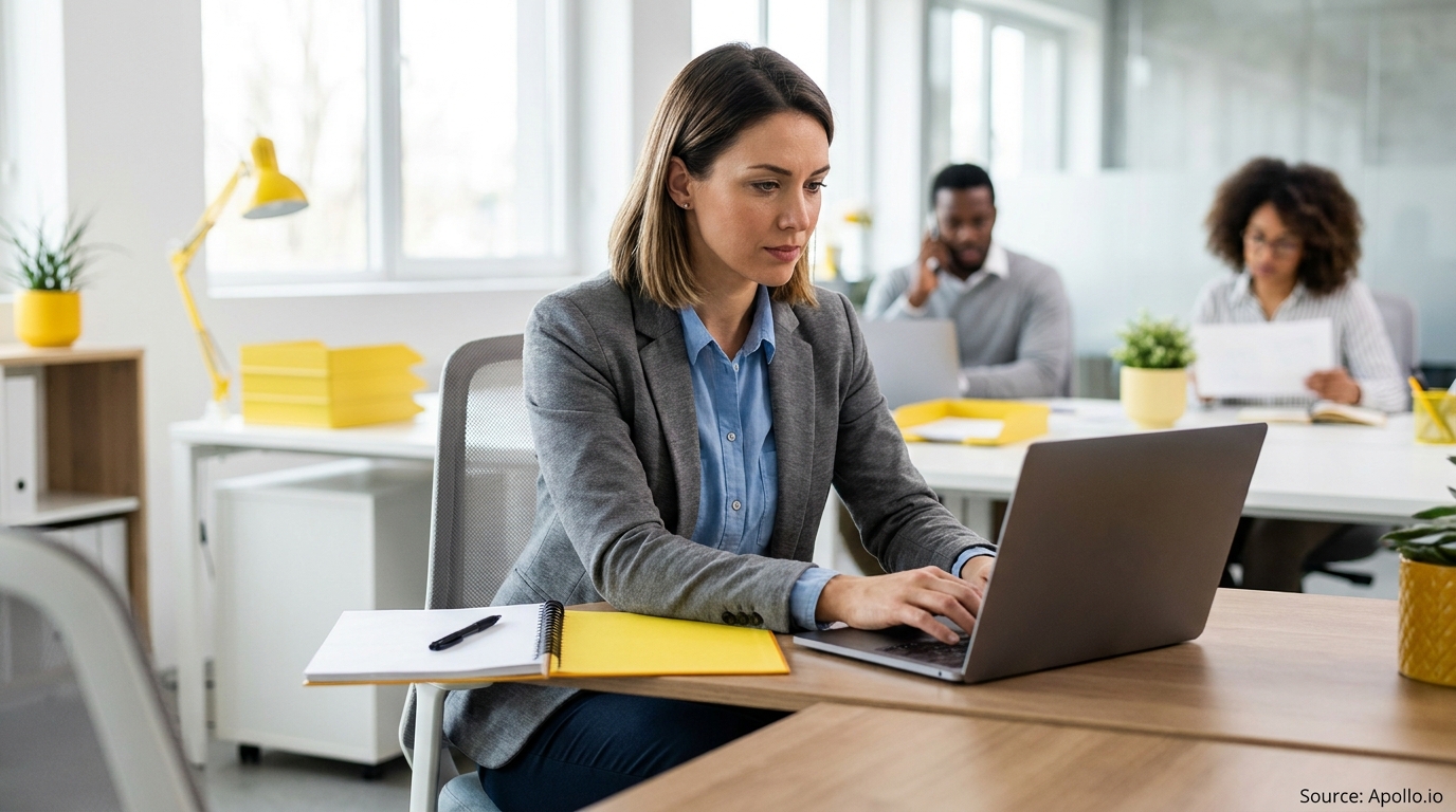 A woman types on a laptop at a desk in a bright office with two colleagues working in the background.