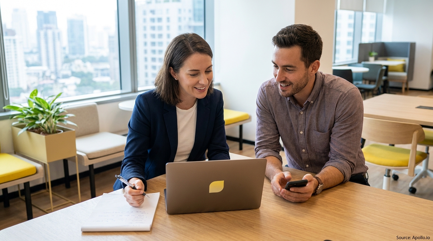 Two smiling colleagues review a laptop screen and take notes in a bright office.