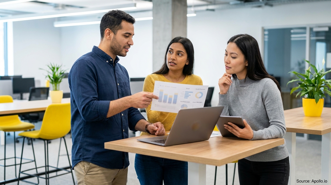 Three professionals collaborate, reviewing charts on a paper and tablet in a modern office.