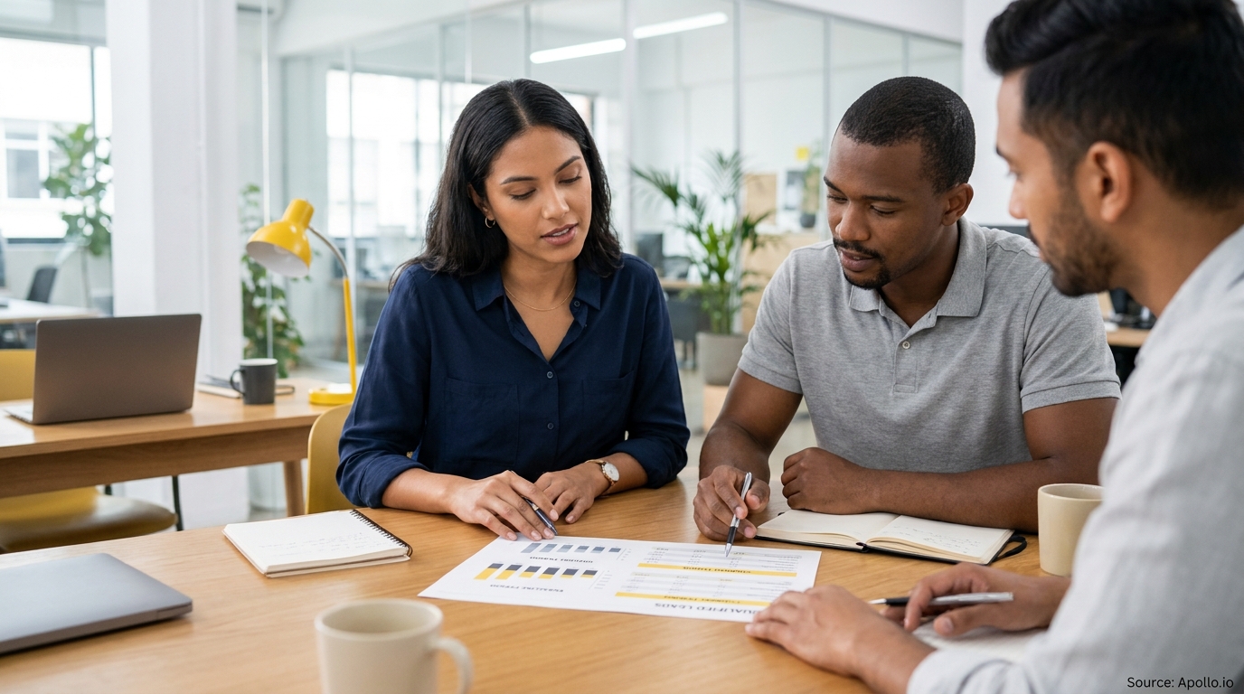 Three professionals review data and charts at a bright office table.