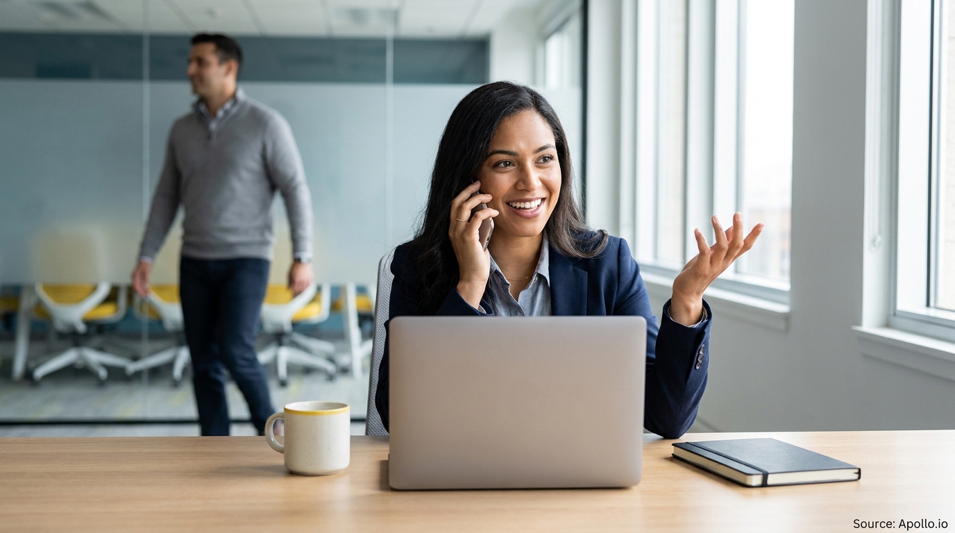 A smiling woman talks on her phone at a desk in a modern office, with a man walking past.