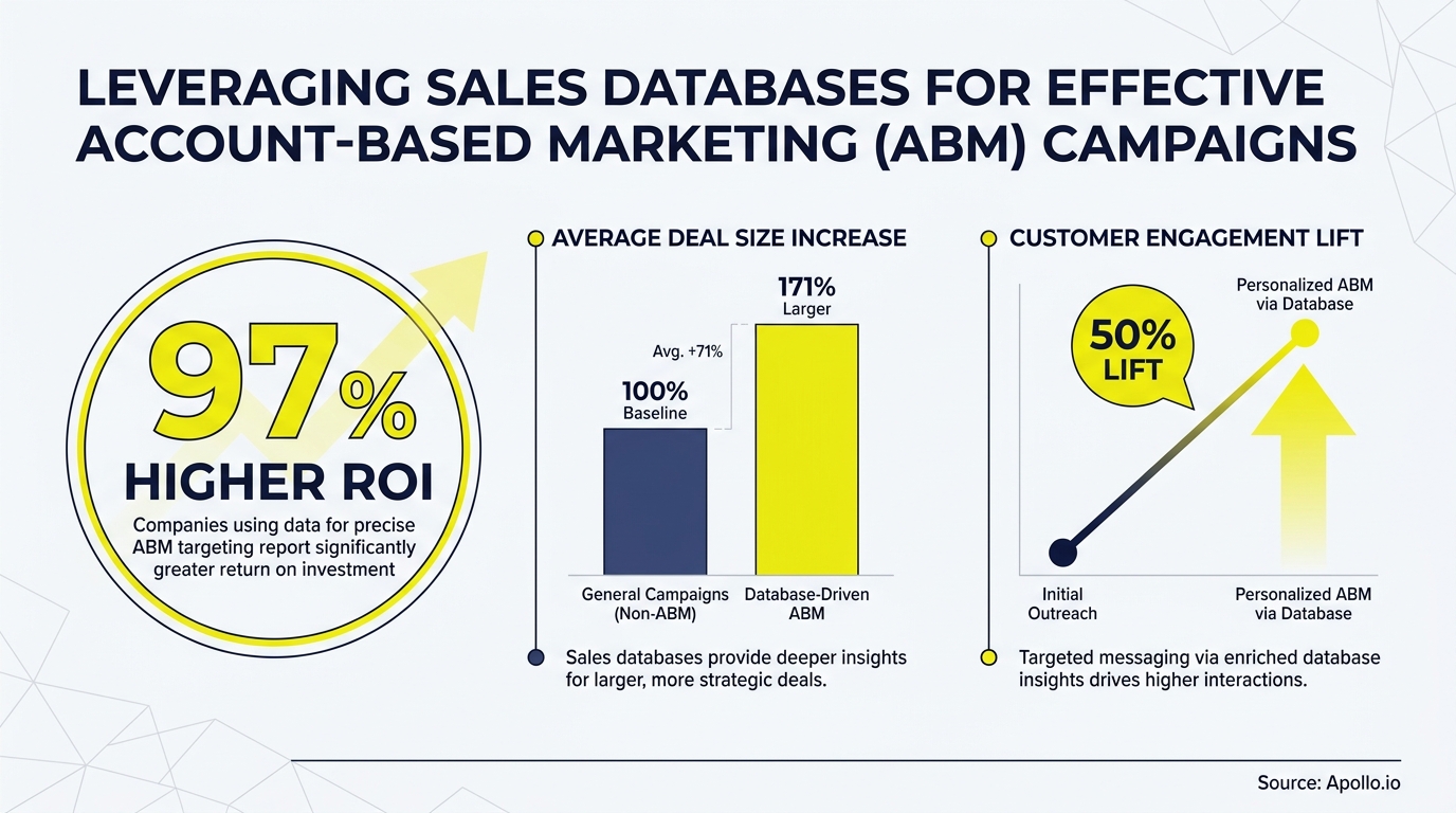 Infographic detailing higher ROI, larger deal size, and increased customer engagement from database-driven ABM campaigns.
