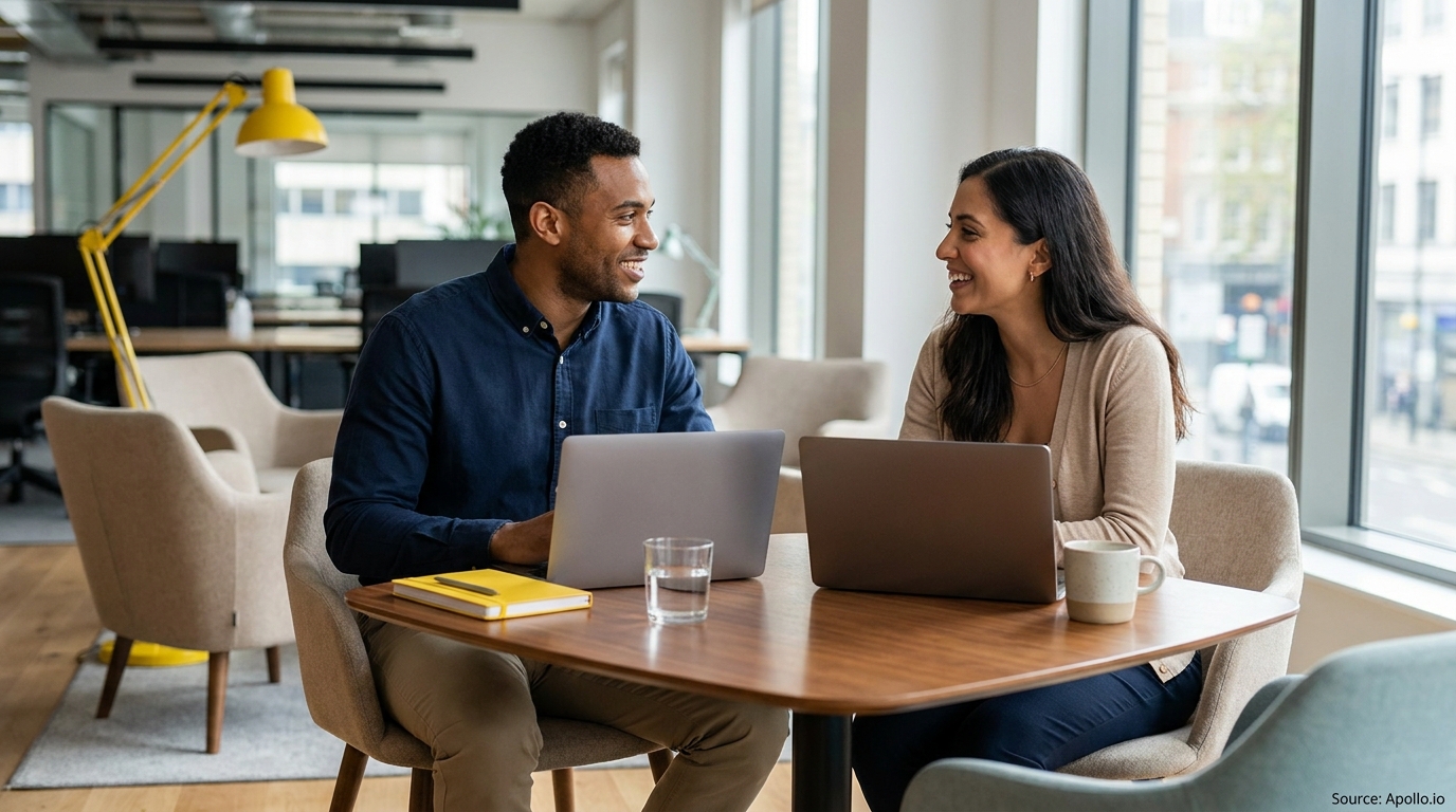 Two smiling professionals sit at a table with laptops in a modern office, conversing.