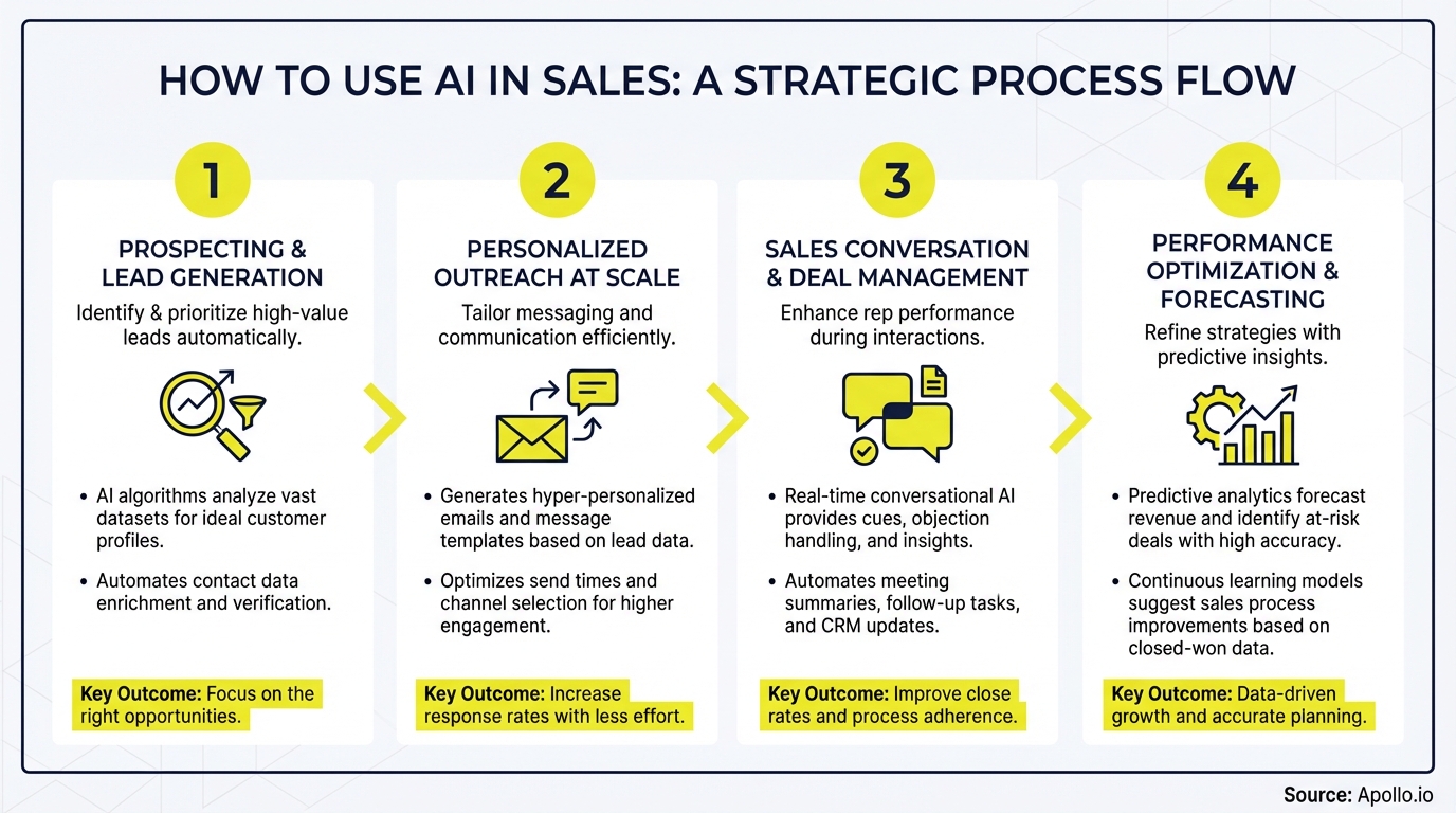 A four-step diagram illustrates how AI is used in sales, from lead generation to performance forecasting.