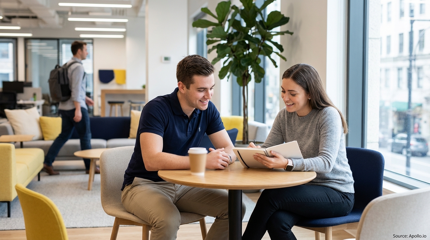 Smiling man and woman discuss notes at a modern office, a man walks in background.