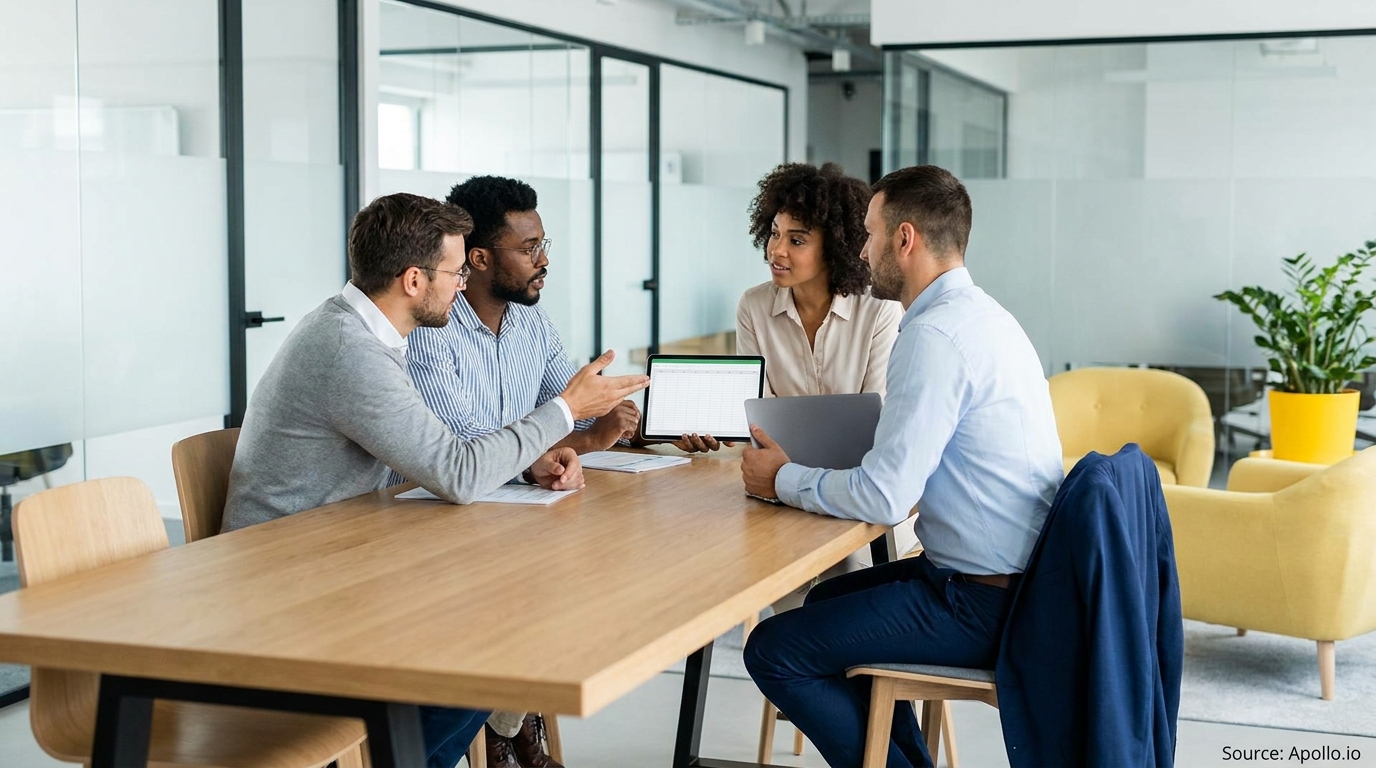 Four business professionals discuss data on a tablet at a modern office table.