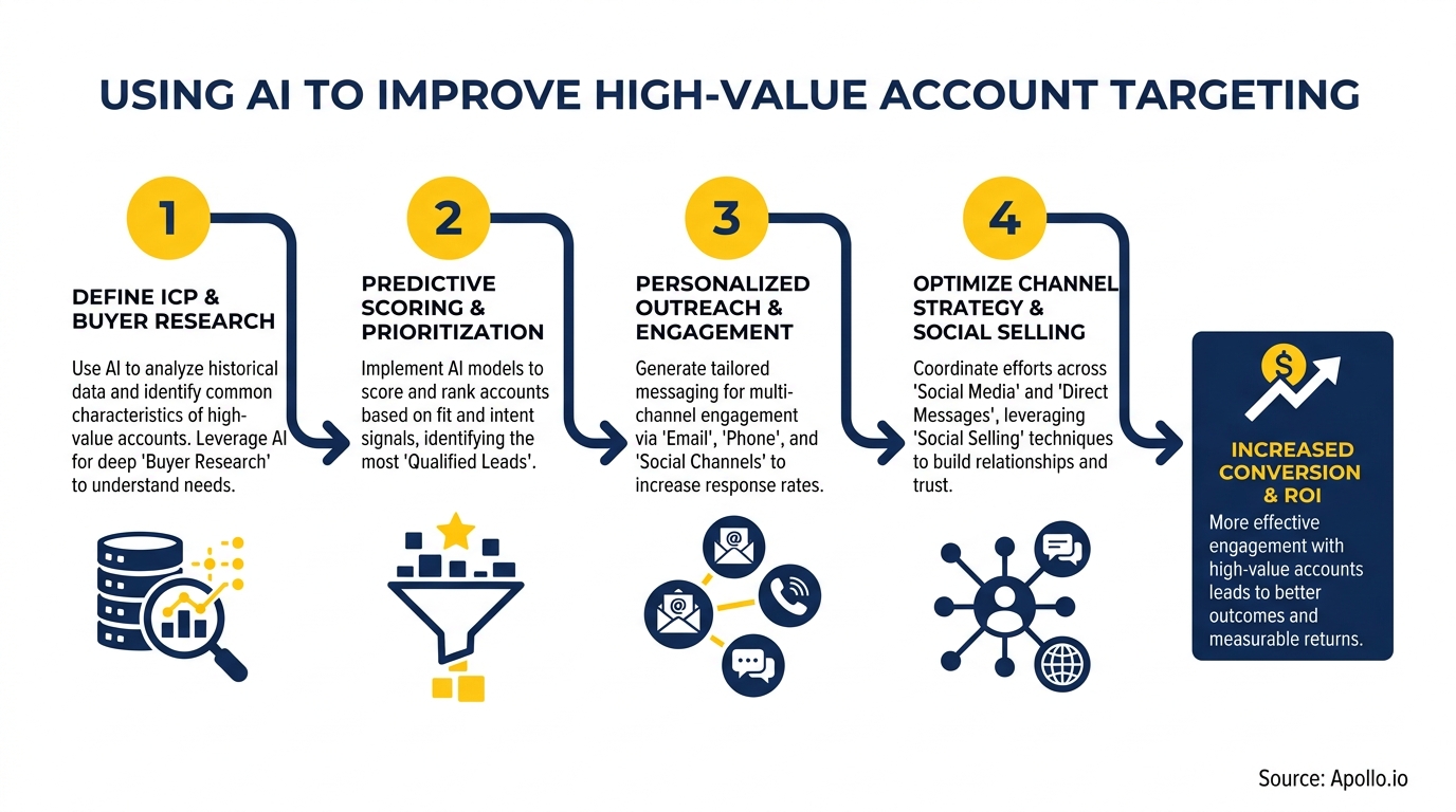 A four-step AI workflow outlines account research, scoring, outreach, and sales optimization for improved ROI.