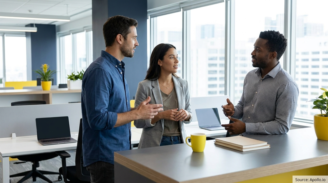 Three diverse professionals discuss ideas in a bright, modern office space.