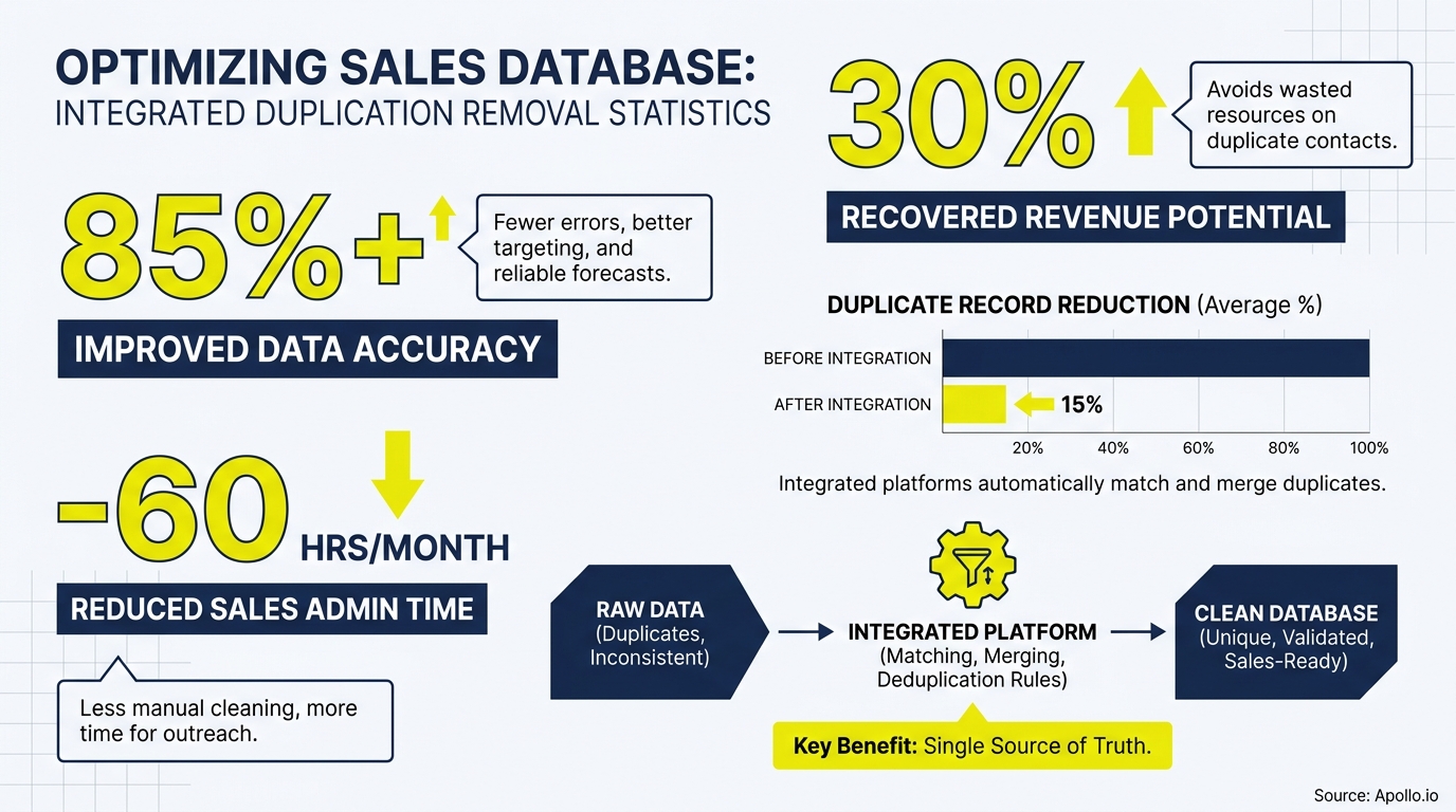 Infographic displays statistics and a process flow for sales database deduplication, highlighting accuracy and revenue benefits.